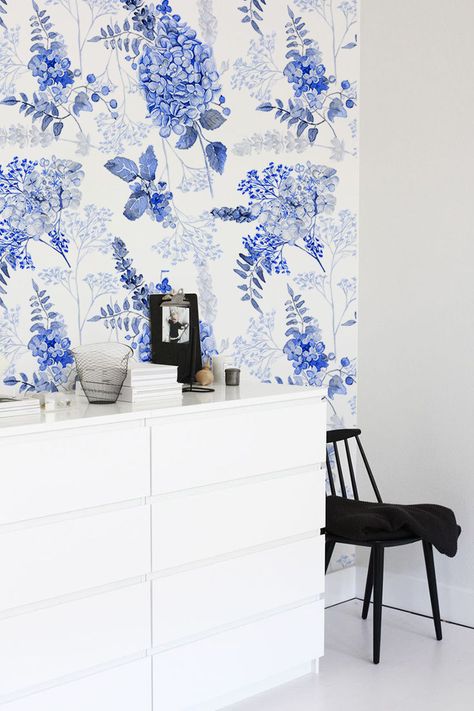 Flowery China Removable Wallpaper | COLORAYdecor.com Wallpaper Subtle, Hydrangea Wallpaper, Wallpaper Floral, Temporary Wallpaper, Temporary Wall, Removable Wall Stickers, Watercolor Blue, Removable Wall Murals, Mural Design