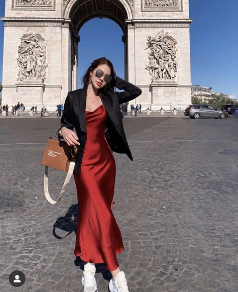 Silk Dress With Blazer Outfit, Satin Dresses With Blazer, Blazer And Silk Dress, Satin Dress With Long Sleeve Shirt Under, Satin Dress Work Outfit, Red Slip Dress Outfits Winter, Satin Dress Outfit Street Style, Red Dress With Blazer, Satin Dress With Blazer Outfit