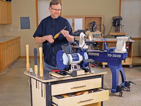 PROJECT: Lathe Tool Sharpening Station - Woodworking | Blog | Videos | Plans | How To Woodworking Workshop Plans, Sharpening Station, Workshop Plans, Sharpening Tools, Lathe Tools, Blog Video, Woodworking Workshop, Turning Tools, Garage Workshop