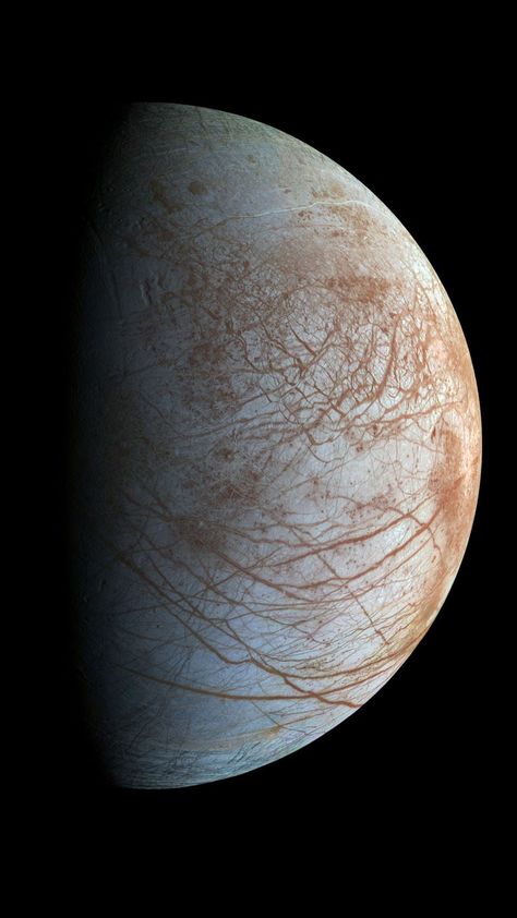 The fascinating surface of Jupiter’s icy moon Europa looms large in this newly-reprocessed color view, made from images taken by NASA’s Galileo spacecraft in the late 1990s. This is the color view of Europa from Galileo that shows the largest portion of the moon’s surface at the highest resolution. Credits: NASA/JPL-Caltech/SETI Institute Europa Moon, Jupiter Moons, Clipper Ship, Nasa Jpl, Cosmic Art, Ad Astra, Space Images, Atlantic Ocean, The Atlantic