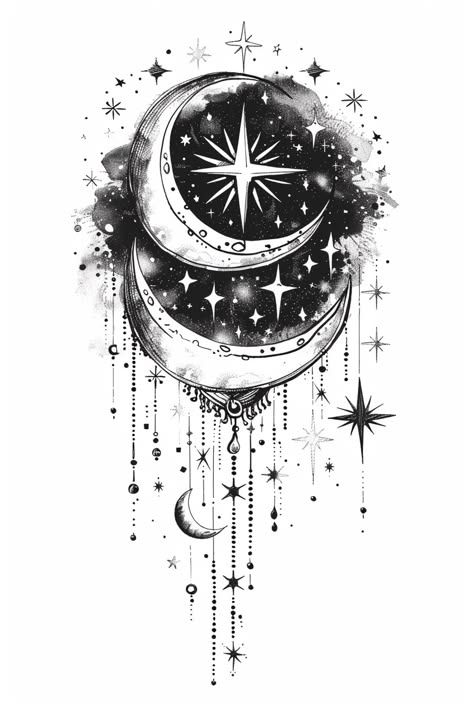 Sky Theme Tattoo, Night Stars Tattoo, Night Sky Tattoo Designs, Celestial Mandala Tattoo, Cover Up Moon Tattoo, Moon Stars Tattoo Designs, Celestial Neck Tattoo, Celestial Star Tattoo, Moon Sky Tattoo