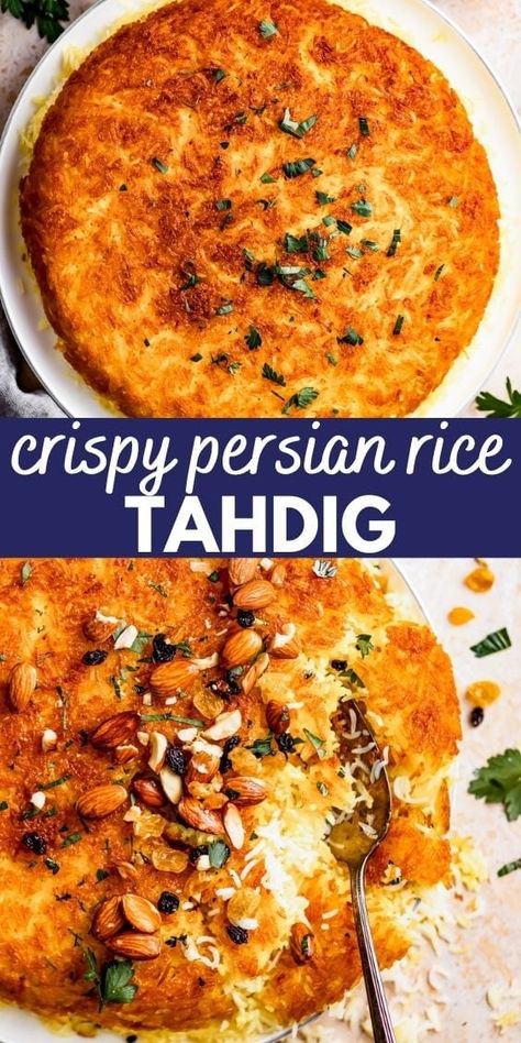 Seasoned with saffron, turmeric, and yogurt, this crispy Persian tahdig is packed with warm, golden colors and Middle Eastern flavors. Crunchy and fluffy all at once, it'll be the best rice you've had in a while. In fact, you might never want to make rice without a crispy bottom ever again. Persian Tahdig, Tahdig Recipe, Diethood Recipes, Middle Eastern Rice, Iranian Dishes, The Best Rice, Grilled Turkey Burgers, Saffron Recipes, Persian Rice