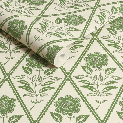 This design features a vintage floral pattern with stylized blue flowers inside diamond shaped frames on a cream background creating a classic and elegant look. Seen here in the Cream  Green colourway. Block Print Wallpaper, Mulberry Home, Diamond Trellis, Nina Campbell, Mini Moderns, Mediterranean Home Decor, Vintage Floral Pattern, Damask Wallpaper, Romantic Design