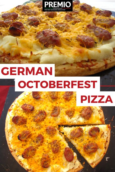 German Octoberfest Pizza German Pizza Recipes, Kielbasa Pizza, Oktoberfest Pizza, German Pizza, Kielbasa Potatoes, German Schnitzel, Octoberfest Party, Hamburger Pizza, Pizza Pies