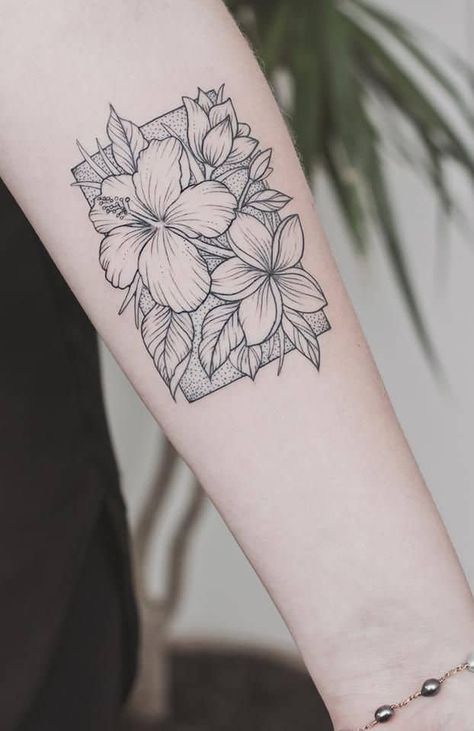 Hibiscus Line Tattoo, Flower Box Tattoo, Hawaiian Floral Tattoos, Flower In Box Tattoo, Plumeria And Hibiscus Tattoo, Hawiian Flower Tattoo, Boxed Tattoos, Rectangle Tattoo Design, Hawaiian Flower Tattoo