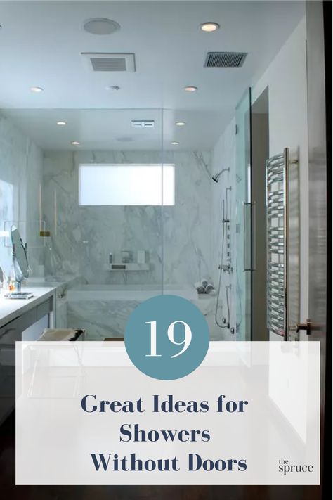 Showers without doors, also known as walk-in showers, have several benefits. First, the doorless style can save time on the work spent cleaning a door. We have some beautiful ideas for how to style your bathroom if your shower has no door. Glass Doors For Showers Walk In, Walk In Showers No Glass Door, Shower Ideas No Glass Door, Bathroom No Door Shower Ideas, Shower Remodel No Glass Door, Doorless Walkin Shower Master Bath, Bathrooms Without Shower Doors, Giant Walk In Shower Ideas, Glass Shower Design Ideas