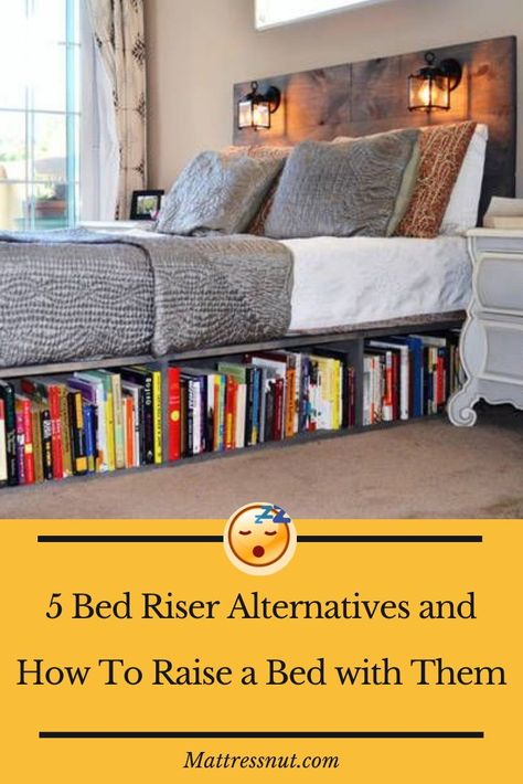 Bed riser alternatives include bookshelves or dressers, cinder blocks, lofting kits, chains, and wooden pallets. You can raise a bed by putting it directly on top of bookshelves or dressers, cinder blocks, or wooden pallets. You can use a lofting kit to lift your bed off of the ground and create storage space underneath, or you can use chains to hang your bed from the ceiling. Bed Frame Alternative, Raise A Bed Frame, Diy Raised Bed Frame, Under Bed Book Storage, Raised Queen Bed, Book Storage Under Bed, Bookshelf Under Bed, Cinderblock Bed Frame, Bed Raisers Ideas