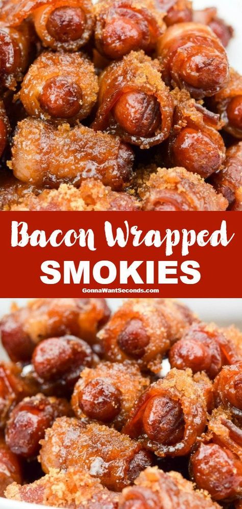 The combination of gooey sweetness,  bacon, and a little spice in our Bacon Wrapped Smokies creates a perfect paradox of simple and spectacular! #baconwrappedsmokies #appetizer #bacon #easyappetizer #fingerfood #gamedayfood #superbowlappetizer Twd Style, Bacon Smokies, Wrapped Smokies, Smokies Recipe, Bacon Wrapped Smokies, Pastas Recipes, Chicken Baked, Make Ahead Appetizers, Best Appetizer Recipes