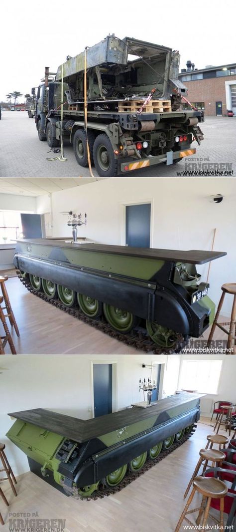 A bar crafted from a salvaged Russian military tank!  #recycle #reuse #upcycled #recycled #DIY Military Bar, Cardboard Chair, Recycled Diy, Bar Counter Design, Military Tank, Counter Design, Upcycled Home Decor, Humidor, Home Goods Decor