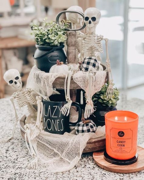 Amy's Farmhouse Style on Instagram: "Happy Friday Friends!! Loving how my tiered tray turned out I’m obsessed with skeletons this Halloween 💀and the cauldrons I shared in my stories the other day from @walmarting were so perfect!! And if you come across this candy corn candle from @marshalls you need it !!!! . . . . . . #tieredtraydecor #tieredtray #tietedtraysofinstagram #halloween #halloweendecor #halloweenanddunn #dunn #dunnlove #lazybones #skeltons @walmarting #targetdollarspot #tieredtray Days Till Halloween, Happy Friday Friends, Farmhouse Halloween, Halloween Centerpiece, Whimsical Halloween, Halloween Blanket, Fall Halloween Crafts, Halloween Coffee, Fall Halloween Decor