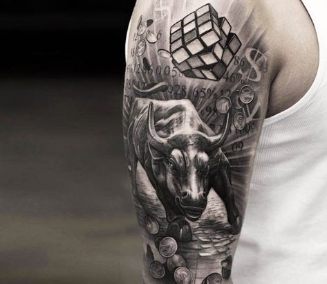 Black and grey tattoo motive of Bull by tattoo artist Oscar Akermo | Post 14855 | World Tattoo Gallery - Best place to Tattoo Arts Bulls Tattoo, Oscar Akermo, Ox Tattoo, Taurus Bull Tattoos, Bull Skull Tattoos, Bull Tattoo, Inner Bicep Tattoo, Lion Tattoo Sleeves, Surreal Tattoo