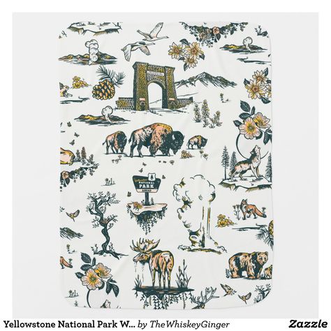 Yellowstone National Park Wildlife Pattern Baby Blanket National Parks Nursery, National Park Nursery, Outdoorsy Men, Retro Gift Ideas, Travel Pattern, Funny Typography, Whiskey Ginger, Art Gift Ideas, Typography Designs