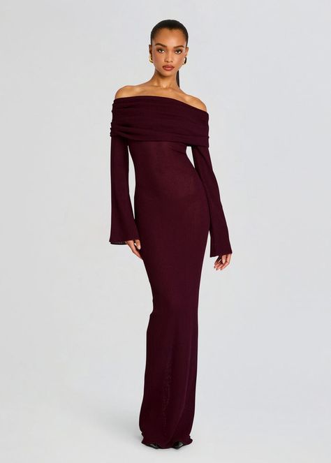 Galleria Maxi Dress Maxi Dress Winter Formal, Slim Maxi Dress, Maxi Formal Dress Classy, Long Sleeve Off The Shoulder Dress, Long Sleeve Wedding Guest Dress Winter, Off The Shoulder Long Sleeve Dress, Fall Dinner Dress, House Of Cb Dresses Aesthetic, New Years Eve Wedding Guest Dress