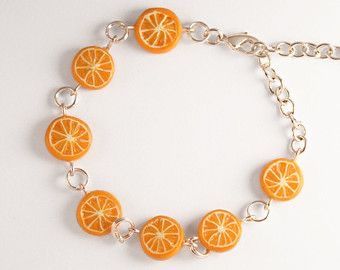 Orange Fruit Jewelry, Orange Fruit Bracelet, Collares Aesthetic, Fruit Bracelet, Polymer Clay Food, Orange Accessories, Orange Jewelry, Orange Slice, Orange Necklace