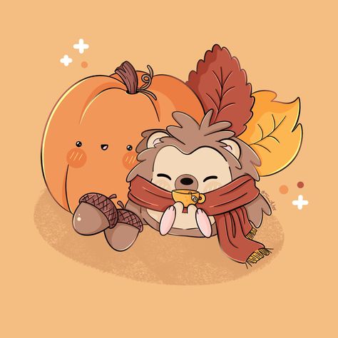 Kawaii, art, illustration, digital art, autumn, fall, season, cute, samiart23, hedgehog, pumpkin, warm color, autumnal Hello Autumn Drawing, Kawaii Thanksgiving Drawings, Cute Fall Characters, Autumn Hedgehog Illustration, Cute Things To Draw For Halloween, Fall Kawaii Art, Kawaii Fall Aesthetic, Cute Fall Art Drawings, Autumn Words Aesthetic