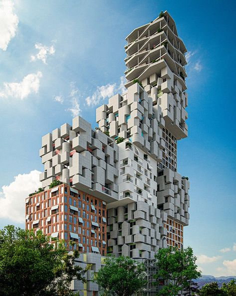 OODA plans 'hora vertikale' village with 13 stacked cubes in tirana Vancouver Architecture, Cubes Architecture, Spring Architecture, Brain Storm, Tirana Albania, Residential Building Design, Airport Design, Skyscraper Architecture, Apartment Architecture