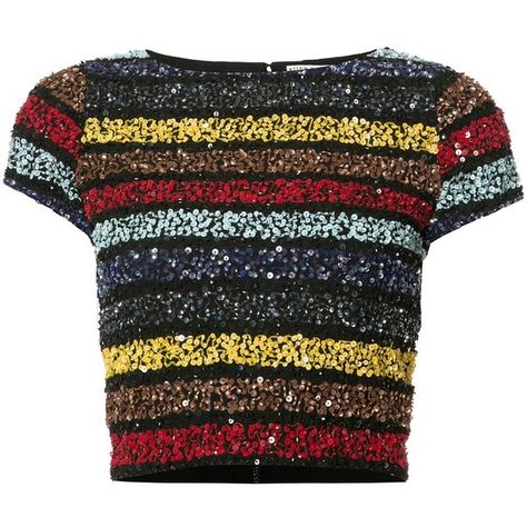 Alice+Olivia Sequined Cropped T-shirt (19,930 PHP) ❤ liked on Polyvore featuring tops, t-shirts, shirts, black, sequined shirt, multi colored sequin top, shirt top, sequin embellished top and multicolor shirt Sequin Tee, Colorful Crop Tops, Sequin Shirt, Crop Top Outfits, Striped Crop Top, Cropped T Shirt, Stage Outfits, Looks Vintage, Crop Shirt