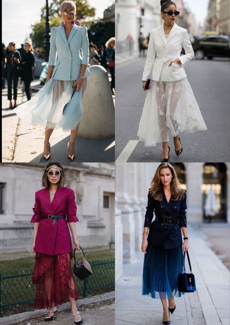 Flowy Dress With Blazer Outfit, Midi Skirt And Blazer Outfit, Blazer Tulle Skirt, Oversized Blazer With Skirt, Cropped Blazer And Midi Skirt, Lace Skirt Blazer Outfit, Maxi Skirt Blazer, Blazer And Skirt Outfits, Dress With Blazer Outfit