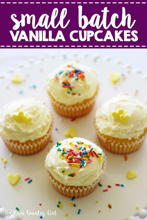 I love baking cupcakes but there are times where I don't want 12 - I have such a sweet tooth that I'd eat them all! This small batch recipe makes 4 vanilla cupcakes with an easy buttercream frosting and topped with sprinkles, perfect for dessert, date night at home, Valentine's Day or eating all by yourself! #cupcakes #small #vanilla #sprinkles #dessert #baking Dessert Date Night, Small Batch Vanilla Cupcakes, Easy Buttercream Frosting, Batch Recipes, Chocolate Peanut Butter Desserts, Small Batch Baking, Date Night At Home, Peanut Butter Desserts, Night At Home