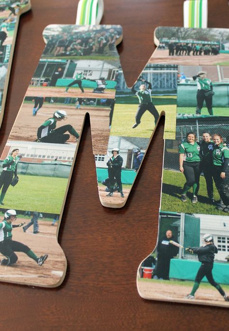 sports picture collage | polka dots and picket fences Softball Frames Diy, Sports Pictures Display Photo Collages, Kids Sports Pictures Display, Baseball Collage Ideas, Kids Sports Pictures, Graduation Picture Display, Sports Pictures Display, Softball Picture, Sports Collage