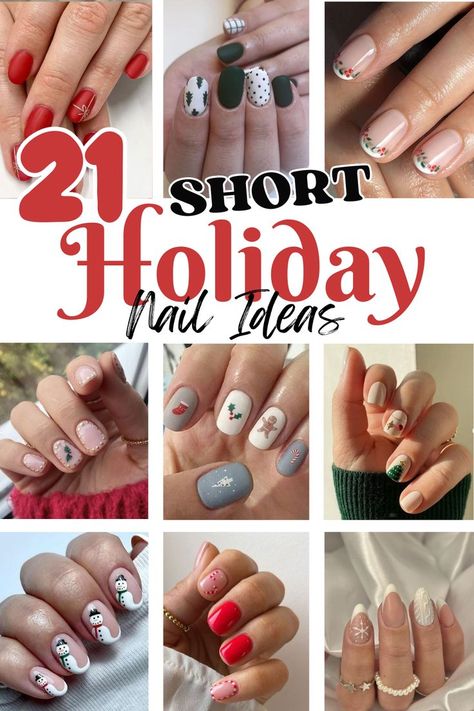 This post has 21 short holiday nail ideas to try this season. Also covering: Christmas nail ideas, best holiday nails, cute holiday nails, and sparkly nail ideas. Short Round Acrylic Nails Christmas, Christmas Short Nail Art Designs, December Nails Ideas Short, Easy Diy Christmas Nails Short, Christmas Nail Design Short Nails, Christmas Nail Designs Holiday Short, Holiday Theme Nails, Dip Nail Shapes Short, Simple Christmas Nails Oval Short