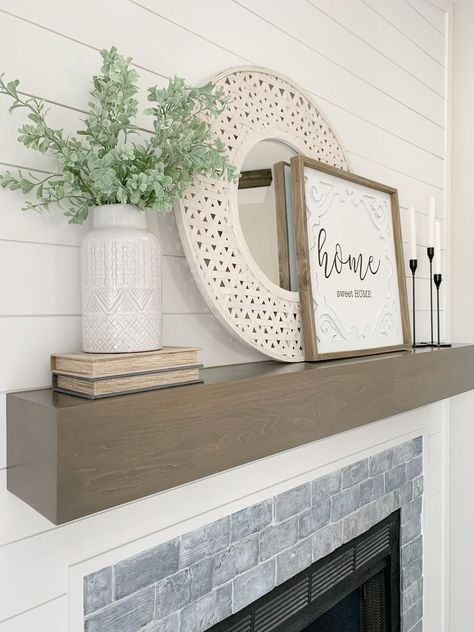 Shiplap Fireplace Decor Ideas, Year Round Mantle Decor With Tv, Large Mantle Decorating Ideas, Year Round Mantle Decor, Mantle Decor With Clock, Simple Mantle Decor, Modern Farmhouse Mantle, Farmhouse Mantle Decor, Farmhouse Fireplace Decor