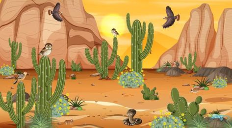 Desert forest landscape at sunset scene ... | Premium Vector #Freepik #vector #tree #nature #cartoon #bird Desert Animals And Plants, Desert Cartoon, Desert Drawing, Desert Illustration, Desert Forest, Nature Cartoon, Agriculture Photos, Desert Pictures, Desert Ecosystem