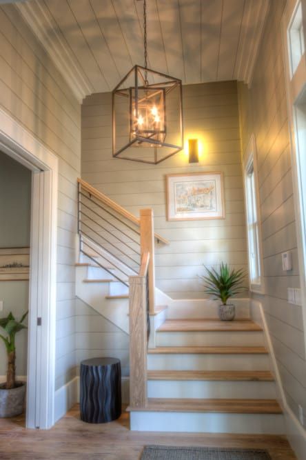 Foyer Lighting Fixtures Entryway, Farmhouse Staircase, Farmhouse Foyer, Foyer Staircase, Foyer Lighting Fixtures, Farmhouse Entryway, Entryway Lighting, Staircase Railings, Foyer Decorating