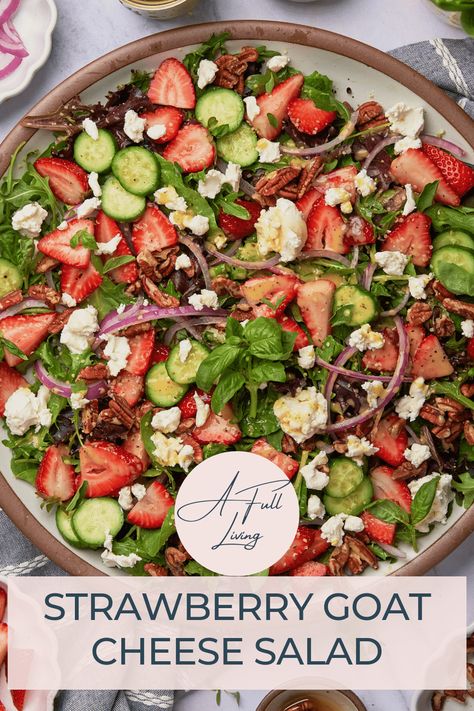 This Strawberry Goat Cheese Salad is made with juicy, sweet strawberries, creamy goat cheese, fresh basil, arugula, mixed greens, crispy cucumbers, red onions, pecans, and hemp hearts. Top it all off with a homemade honey lemon vinaigrette for a delicious, and filling salad for spring and summer. #Strawberry #GoatCheese #SummerSalad Stawberry Salad, Strawberry Goat Cheese Salad, Catering Appetizers, Strawberry Fields Salad, Strawberry Goat Cheese, Spring Mix Salad, Creamy Goat Cheese, Salads For A Crowd, Green Salad Recipes