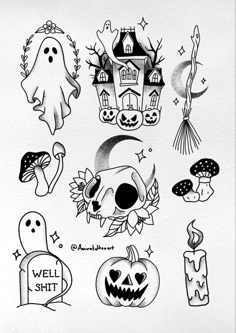 Halloween Tattoo Flash, Cute Halloween Tattoos, Tato Flash, Halloween Flash, Creepy Creatures, Pumpkin Tattoo, Flash Designs, Minimalist Halloween, Omerta Tattoo