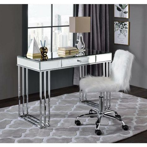 Motivation starts with a great office or study space. Enjoy the contemporary design of this Canine desk and Arundell chair while getting all of your work done in style. Features: DESK Finish: Mirrored and Chrome Finish Material: Metal, Composite Wood, Mirror Product Dimensions: 42"L X 20"W X 30"H Net Weight: 70 lbs Product Code: 92979 CHAIR White faux fur & chrome finish Wood, upholstery, metal Product Dimensions: 22"L X 25"W X 35-38"H Product Code: OF00122 Cluttered Office, Contemporary Writing Desk, White Office Chair, Work Supplies, White Office, Acme Furniture, Office Set, Storage Drawer, Swivel Seating