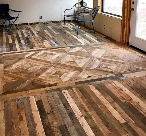 Recycled Pallet Flooring Wood Pallet Flooring, Pallet Stairs, Pallet Floors, Ranch Ideas, Recycled House, Wooden Pallet Furniture, Into The Wood, Floor Ideas, Pallet Creations