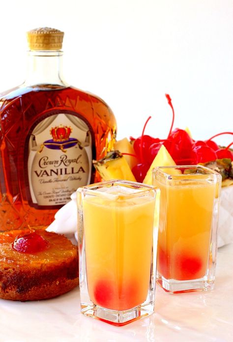 Pineapple Upside Down Shots taste just like the dessert but in drinkable form! Sweet but with a big kick from vanilla whiskey, these go down easy! Pineapple Upside Down Shot, Tasty Shots, Alcholic Drinks, Liquor Drinks, Boozy Drinks, Pineapple Upside, Pineapple Upside Down, Shot Recipes, Jello Shots