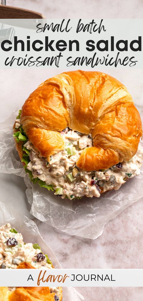 Our absolute favorite way to make chicken salad croissant sandwiches! I took the classic chicken salad recipe (mayo, celery, chopped chicken, celery, etc.), and gave it a slight autumn twist with dried cranberries and roasted pepitas. This is a small batch chicken salad sandwich recipe that makes a heaping 1 1/2 cups of chicken salad, but you can double or triple the recipe. #chickensaladcroissant #chickensaladsandwich #chickensaladrecipe #smallbatchrecipes #sandwichesfortwo #recipesfortwo Chicken Salad Crissonts, Small Batch Chicken Salad, Chicken Salad Crossiant, Chicken Salad On Croissant, Chicken Salad Croissant Sandwich, Croissant Sandwich Recipe, Chicken Croissant, Croissant Sandwiches, Chicken Salad Croissant