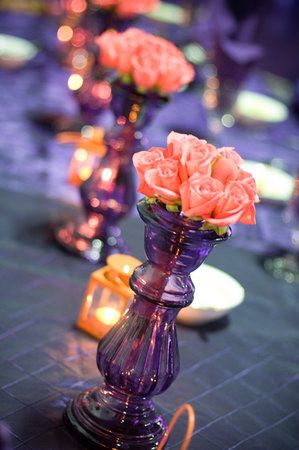 Reception, Purple, Vase Pallet Wedding Decor, Purple Table Decorations, Orange Purple Wedding, Orange Wedding Decorations, Coral And Purple, Best Wedding Colors, Pallet Wedding, Simple Wedding Flowers, Purple Table