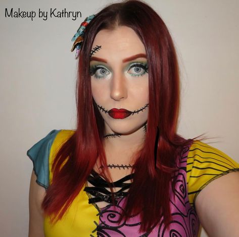 Sally Costume Nightmare Before Christmas Makeup, Sally Easy Makeup, Sally From Nightmare Before Christmas Costume, Diy Sally Makeup, Sally Eye Makeup, Sally Nbc Makeup, Sally Nightmare Before Christmas Makeup Easy, Sally Nightmare Before Christmas Costume Makeup, Easy Sally Halloween Makeup