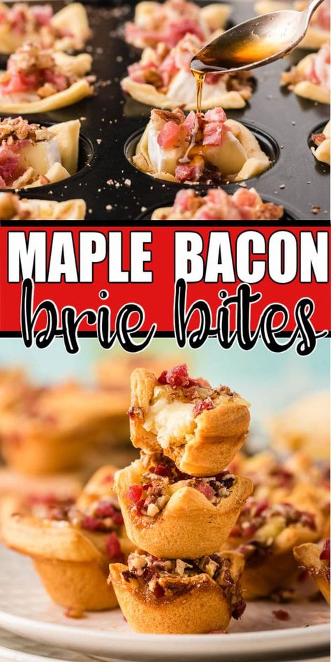 Maple Bacon Brie In Puff Pastry, Maple Walnut And Bacon Brie Bites, Brie And Bacon Appetizer, Crescent Bites Appetizers, Bacon Brie Appetizer, Brie Puffed Pastry Recipes, Mini Brie Recipes, Brie Bites Crescent Rolls, Brie Skewers