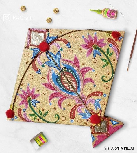 20+ Creative Craft Ideas for Makar Sankranti / Pongal • K4 Craft Kite Painting Ideas, Kite Designs Ideas Pattern, Kite Making Ideas For Competition, Kite Decoration Ideas, Kite Designs Ideas, Makar Sankranti Drawing, Kite Embroidery, Kite Ideas, Kite Craft