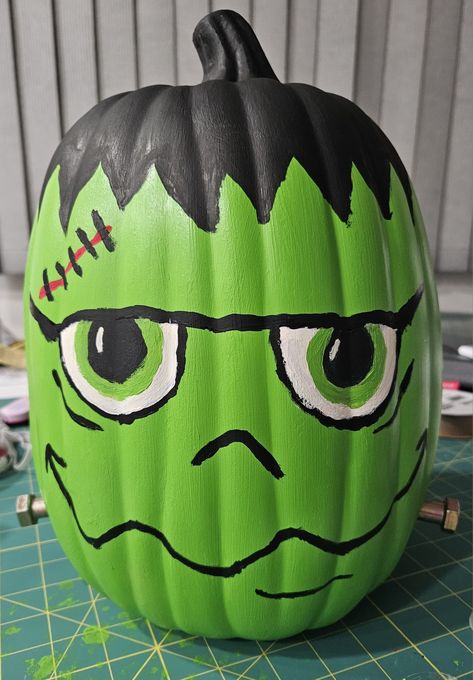 Groot Pumpkin Painting, Frankenstine Pumpkin Paint, Frankenstein Pumpkin Ideas, Frankinstine Pumpkin Painting Ideas, Painted Frankenstein Pumpkin, Pumpkin Frankenstein Face, Halloween Pumpkins Painted Easy, Frankenstein Painted Pumpkins, Pumpkin Painting Frankenstein