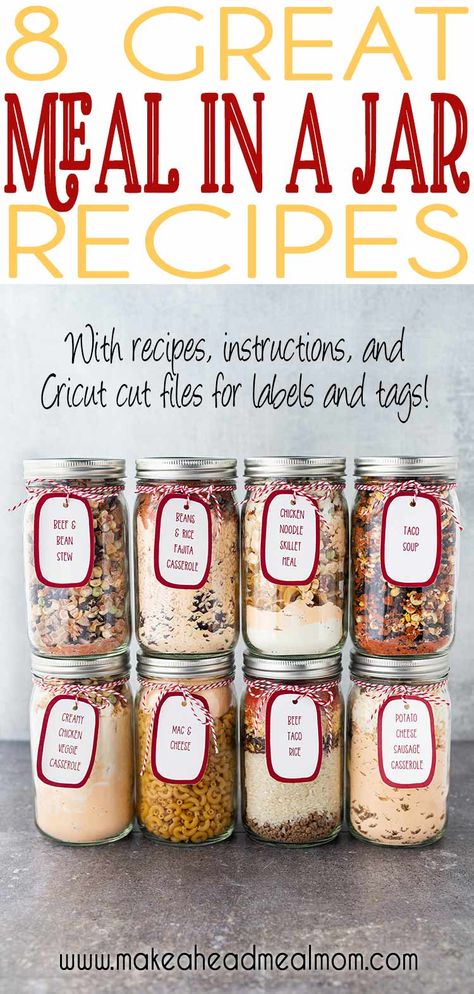 These Meal in a Jar recipes are great for easy dinners, food storage, neighbor gifts - you name it! They are shelf-stable for years, and all you need to do is add water and cook! Links to source the items and cut files for the instruction labels and optional gift tags are included!! #mealsinajar #makeahead #foodstorage #neighborgifts #masonjar #masonjargifts Meal In A Jar Recipes, Recipes In A Jar, Dry Canning, Meal In A Jar, Mason Jar Gifts Recipes, In A Jar Recipes, Pantry Meals, Homemade Dry Mixes, Jar Meals