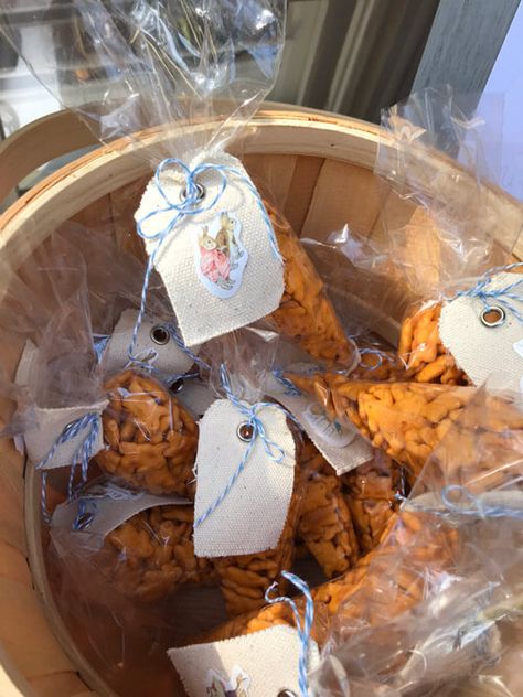 Peter Rabbit Favors, Carrot Birthday Party, Peter Rabbit Food Ideas, Peter Rabbit Party Favors, Bunny Goodie Bags, Peter Rabbit Theme Party, Peter Rabbit Birthday Party, Beatrix Potter Birthday, Rabbit Birthday Party