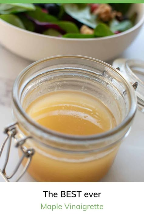 This healthy maple vinaigrette is a fantastic salad dressing with maple syrup, white wine vinegar and lemon juice. Perfect on salads, or to use as a marinade for any meat, including chicken. Vinaigrettes are healthy and flavorful, and suit most diets, including vegan. Kale Salad Dressing, Best Kale Salad, Ginger Salad Dressing, Lemon Salad Dressings, Jar Of Pickles, Ginger Salad, Ginger Salad Dressings, Maple Vinaigrette, Salad Kale