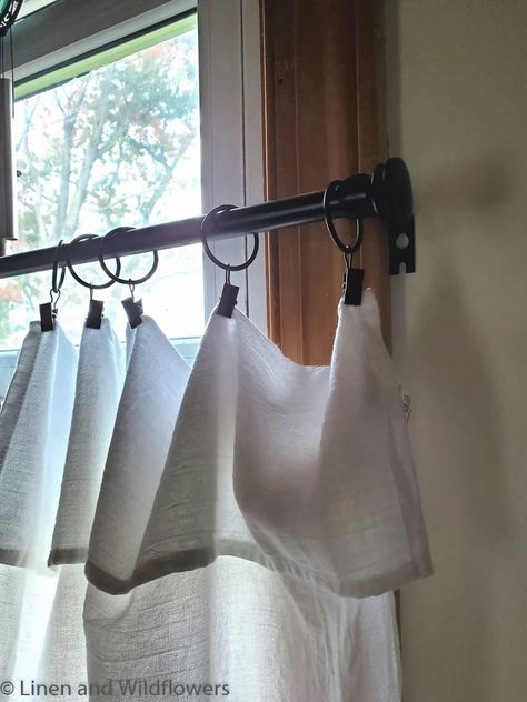 No Sew Curtains Kitchen, Farmhouse Linen Curtains, Curtains For Laundry Room Window, Kitchen Farmhouse Curtains, Dish Towel Curtains Diy, Tea Towel Curtains Kitchen Windows, Tea Towel Cafe Curtains, Linen Cafe Curtains Kitchen, Boho Kitchen Curtain Ideas