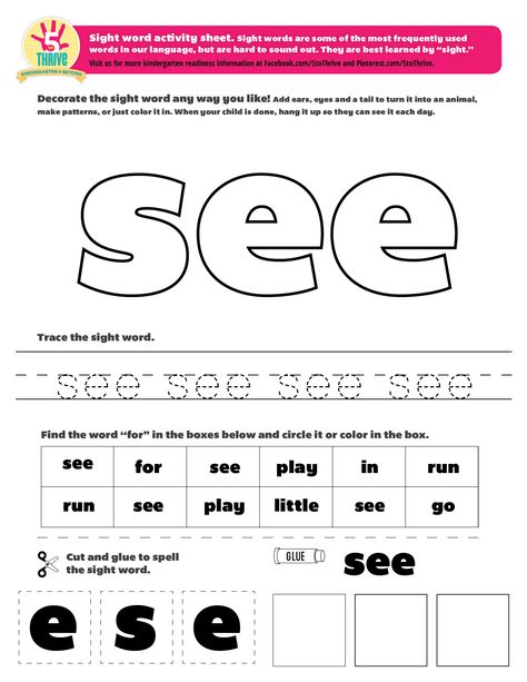 The sight word this week is "see". Sight words are some of the most frequently used words in our language, but are hard to sound out. They are best learned by sight. How many times can you and your child spot the word "see" this week? Sight Word See Activities, See Sight Word Worksheet, Sight Word See Worksheet Free Printable, Sight Word See Worksheet, Sight Word Worksheets Free, Sight Word Worksheet, Bilingual Kindergarten, Sight Words Worksheets, Trace Letters