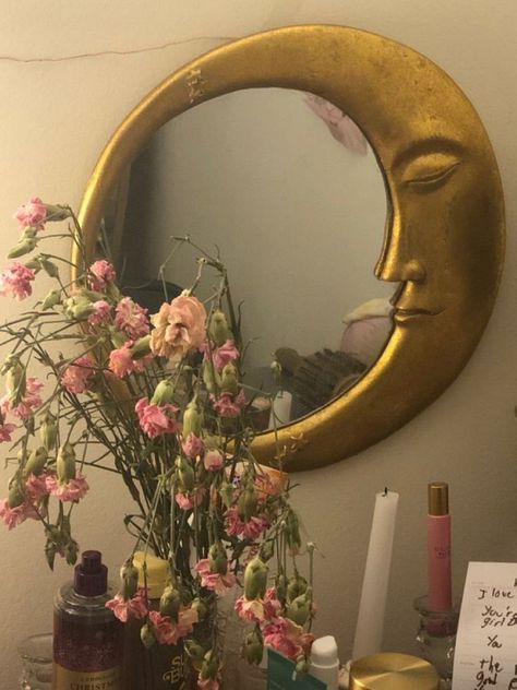 Crescent Moon Mirror, Coquette House, Moon Mirror, Background Ideas, Dorm Ideas, Room Stuff, Have Inspiration, Dreamy Room, Apartment Decor Inspiration