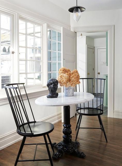 Bistro Chairs Dining Room, Black Spindle Chairs, Spindle Chairs, French Bistro Table, French Bistro Chairs, Spindle Chair, Transitional Dining Room, French Bistro, Bistro Chairs