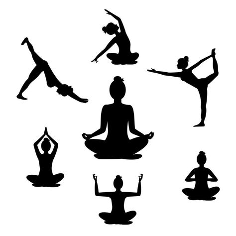 Beautiful woman doing yoga exercises, black silhouette on white background. Set of seven yoga poses for easy yoga at home. Set for sport at home Sport At Home, Yoga Background, Yoga Vector, Yoga Poses Pictures, Yoga Drawing, Woman Doing Yoga, Yoga Poses Photography, Beautiful Yoga Poses, Small Drawing