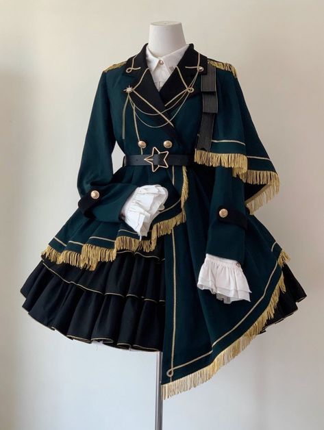 New Round Preorder Starts: 【-The Honored Knight-】 #MilitaryLolita Top Wear, Blouse and Skirt Set ◆ Shopping Link >>> https://lolitawardrobe.com/the-honored-knight-military-lolita-top-wear-blouse-and-skirt-set-preorder_p7602.html ◆ The Top Wear (jacket) is Available in New Color (green/dark green). Fantasy Outfit Ideas, Royal Skirt, Green Aesthetic Outfit, Blouse With Skirt, Fancy Coat, Idol Dress, Royal Outfit, Victorian Era Dresses, Knight Outfit