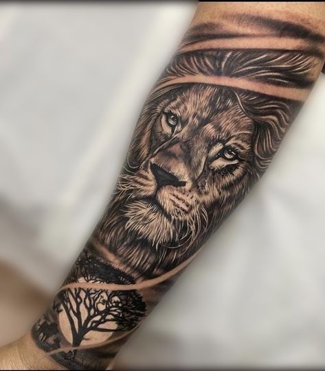 Best Lion Tattoos Men Arm, Forearm Tattoo Men Lion, Lion Men Tattoo, Wolf Forearm Tattoo For Men, Outer Calf Tattoo, Best Calf Tattoos Men, Lion Arm Tattoo Men Sleeve, Lion Sleeve Tattoo Men Ideas, Men Lion Tattoo