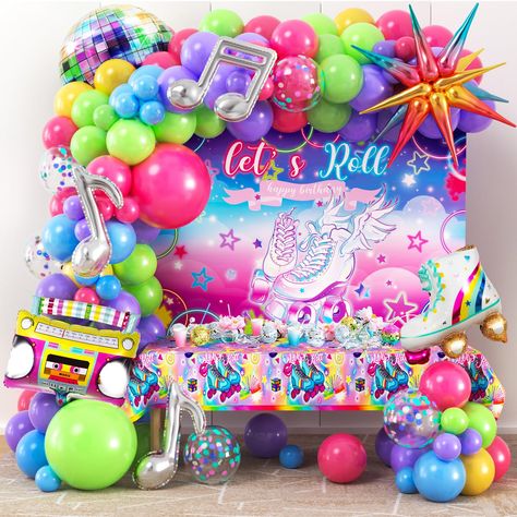 PRICES MAY VARY. 165Pcs Roller Skate Party Decorations - Who remembers the fun and simple days of hanging out with friends at the roller rink? It's time for a retro rainbow skate party. You'll get 147 latex balloons (5"+10"+18''), 5 rainbow confetti balloons, 1 let's roll backdrop, 1 roller skate tablecloth, 8 large foil balloons (1 disco ball, 1 boombox, 1 roller skate, 1 starburst, 4 music note), 100 dots, 1 roll ribbon (10m), 1 balloon arch strip (5m). Let's go back to the 80s and 90s themed Skating Party Decorations, Skate Party Decorations, Roller Skate Disco, Balloon Arch Backdrop, Roller Skate Party, Roller Skating Party, Skating Party, 1 Balloon, Rainbow Confetti